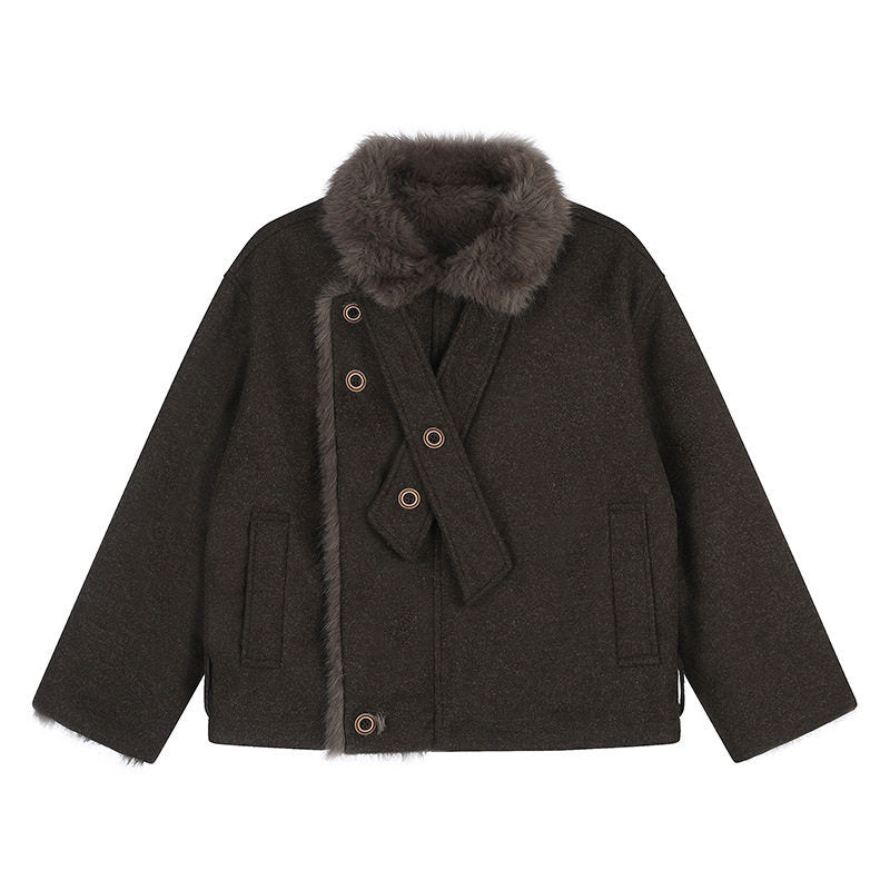 Damen Kurz geschnittene Wolljacke mit Kunstfellbesatz und asymmetrischer Knopfleiste Drune