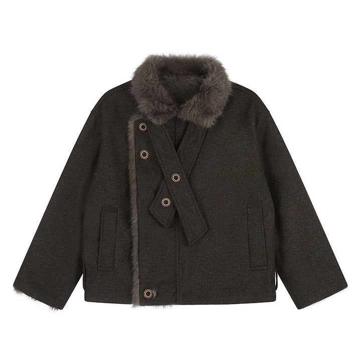 Damen Kurz geschnittene Wolljacke mit Kunstfellbesatz und asymmetrischer Knopfleiste Drune
