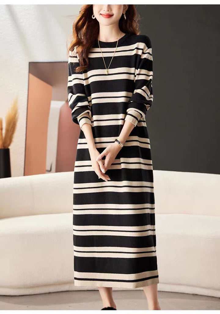 Damen Langarm-Strickkleid mit modernem Streifenmuster und komfortablem Schnitt Drune