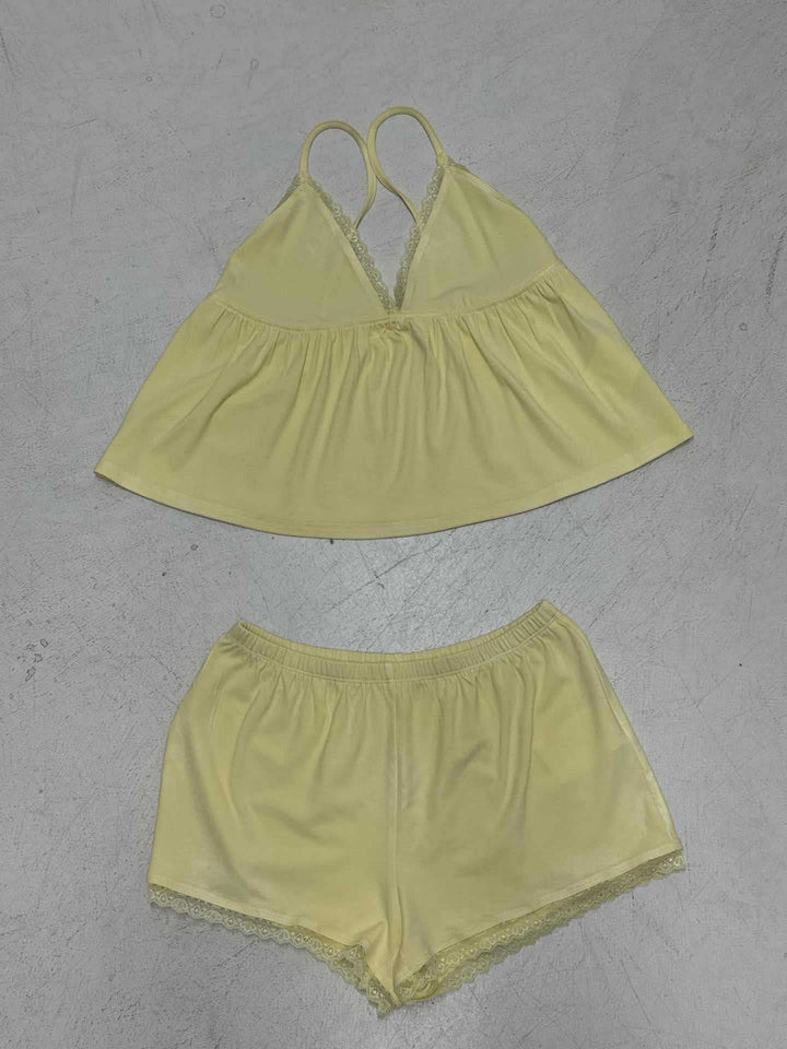 Damen komfortables Schlafanzug-Set mit Spaghetti-Trägern und Spitzenverzierung Drune