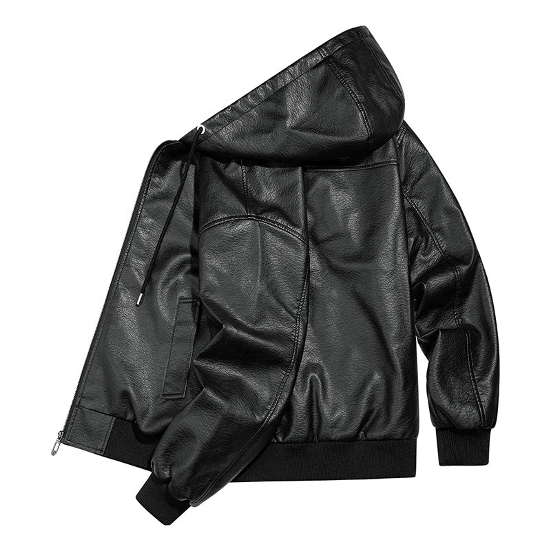 Herren Lässige Lederjacke mit Kapuze Drune