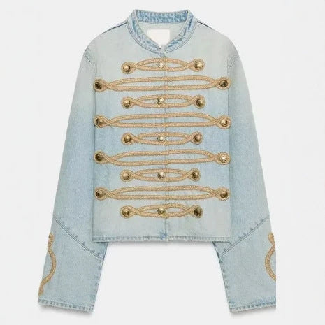 Damen Cropped-Jeansjacke im Military‑Stil mit dekorativer Kordelapplikation Drune