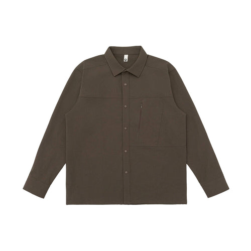 Unisex Oversize-Hemdjacke im Utility‑Style mit verdeckter Druckknopfleiste und diagonaler Reißverschlusstasche Drune