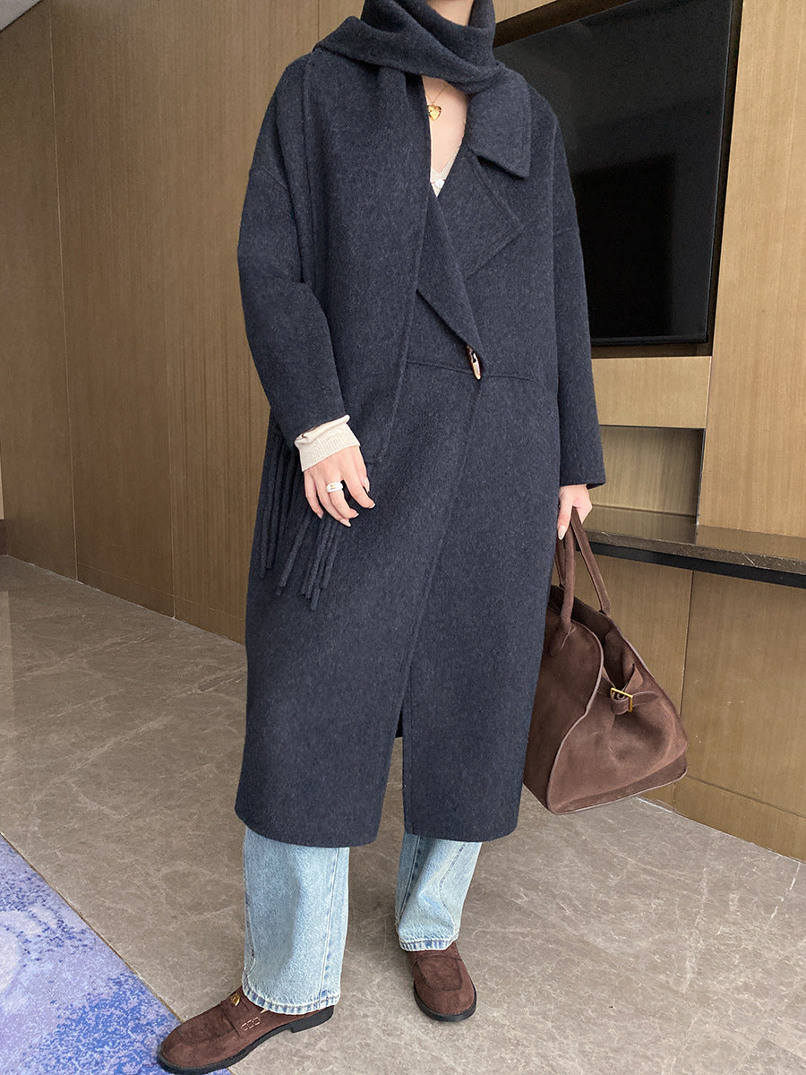 Damen eleganter Oversized-Mantel mit Fransen und tiefem Kragen Drune