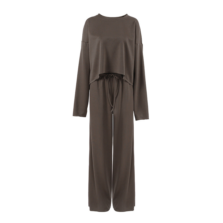 Damen Bequemes Cropped Sweatshirt und Weite Hose Set Drune