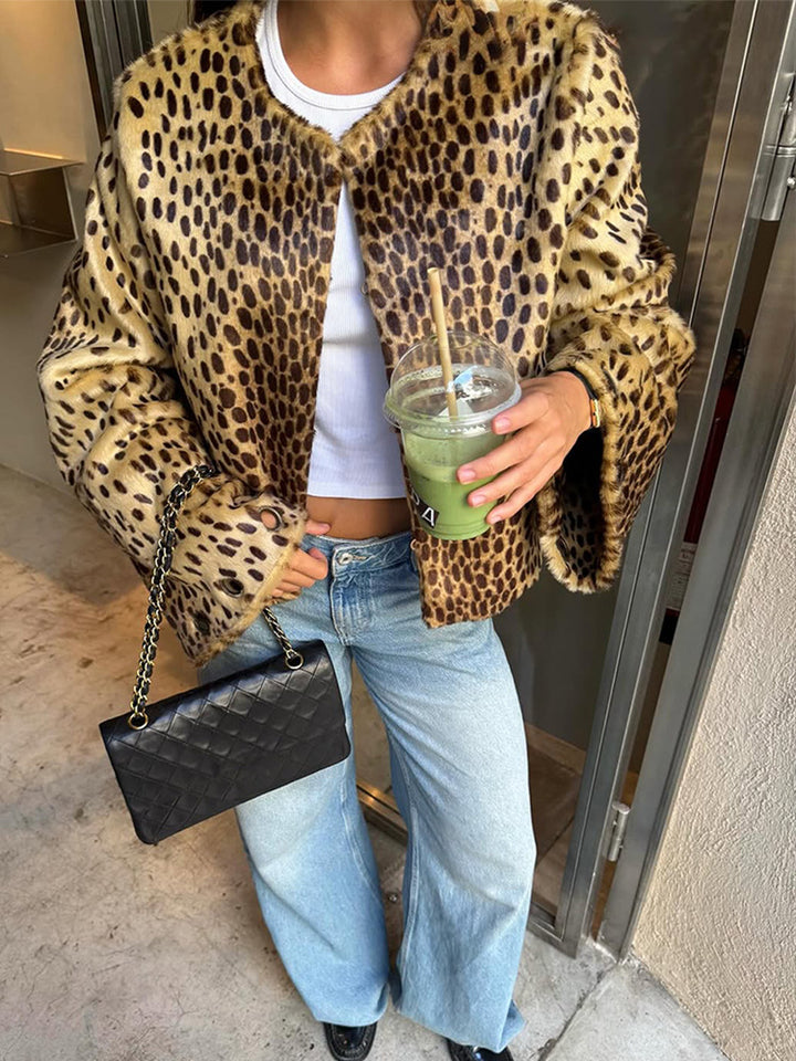 Damen Kurzblouson aus Kunstfell mit Leopardenmuster, Boxy‑Silhouette & weitem Ärmel Drune