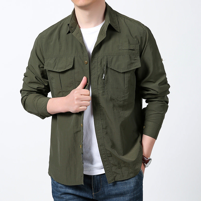 Herren  langärmeliges Fieldshirt aus leichtem Ripstop mit multifunktionalen Brusttaschen und verdecktem Reißverschluss Drune