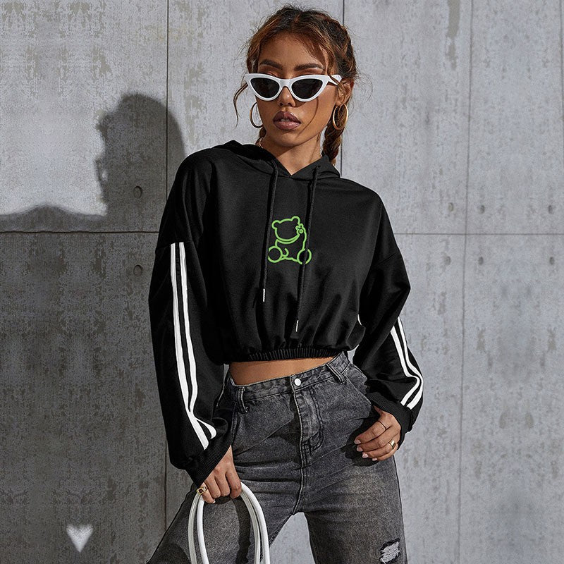 Damen Cropped Hoodie mit Bärchen-Print und Streifen Drune