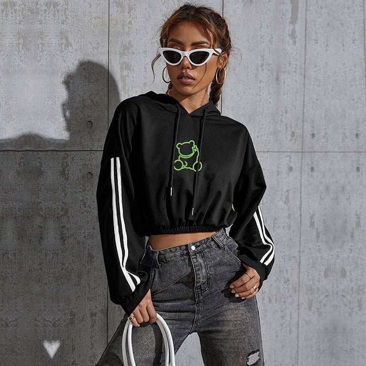 Damen Cropped Hoodie mit Bärchen-Print und Streifen Drune