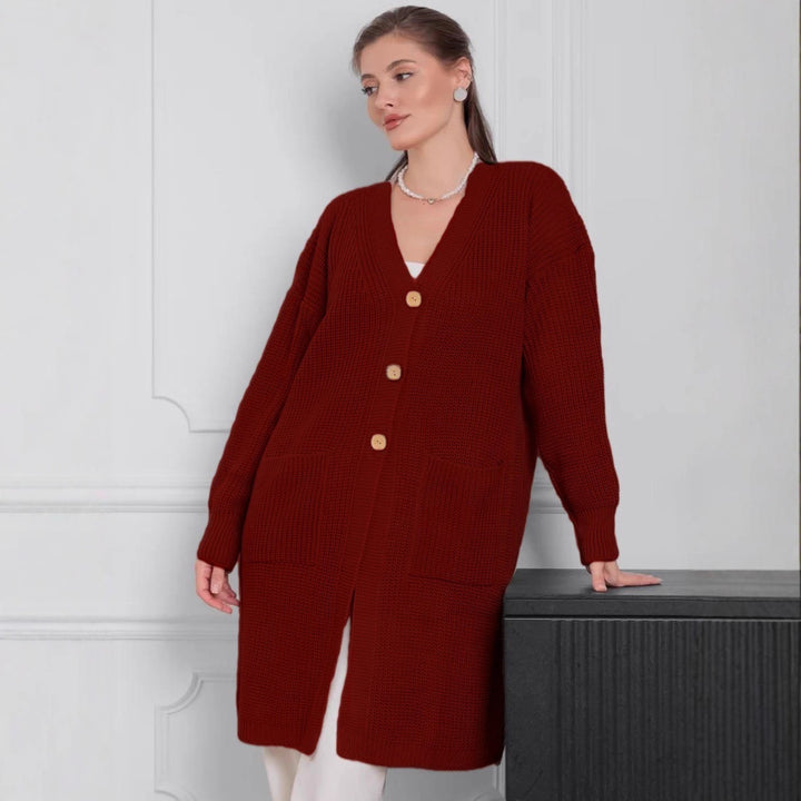 Damen Grobstrick-Cardigan mit schlichten Holzknöpfen und praktischen Taschen Drune