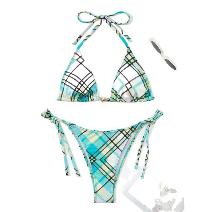 Damen Triangel-Bikini mit modischem Karomuster und verstellbaren Trägern Drune