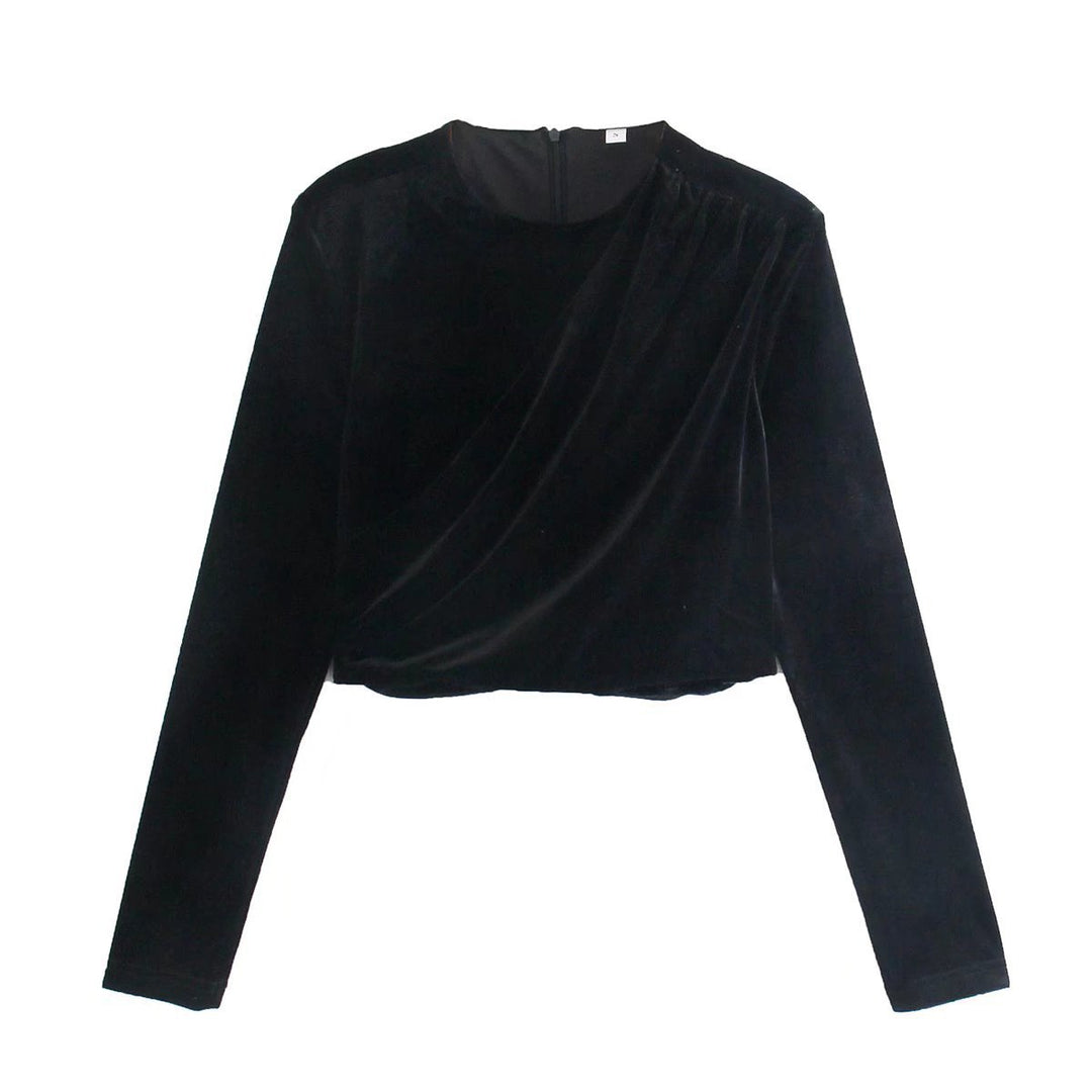 Damen Samt-Cropped-Bluse mit Drapierung und Rundhalsausschnitt Drune