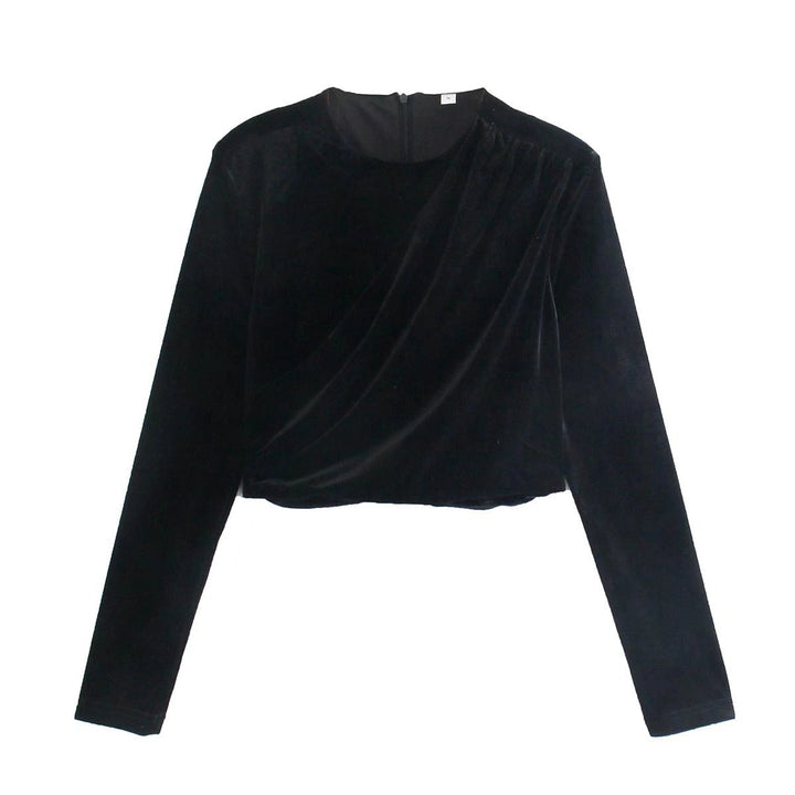 Damen Samt-Cropped-Bluse mit Drapierung und Rundhalsausschnitt Drune