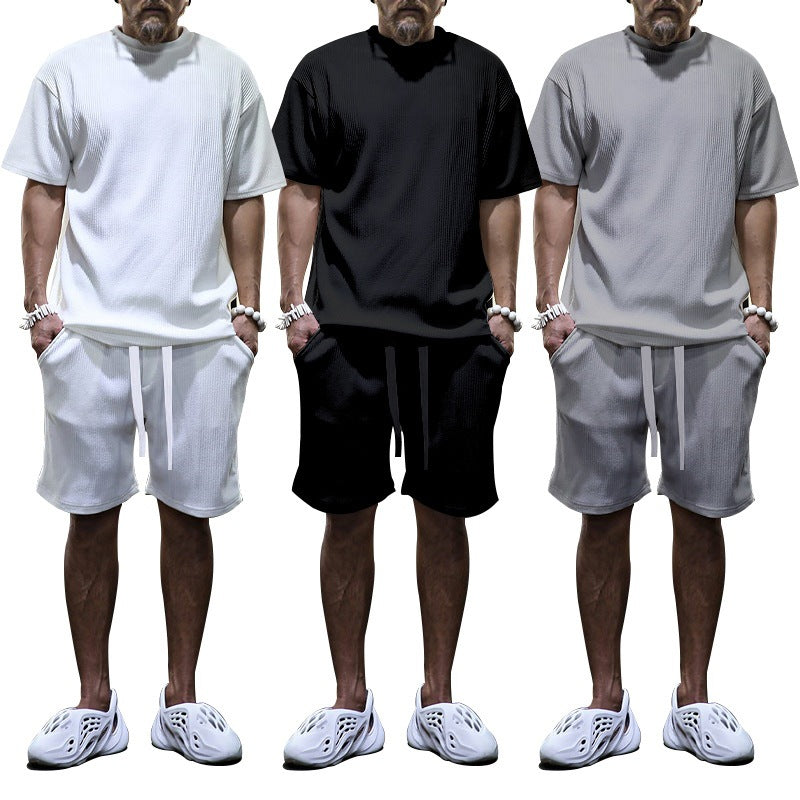 Herren nan lässiges Waffeljersey-Set mit weitem Oberteil und Tunnelzug-Shorts Drune