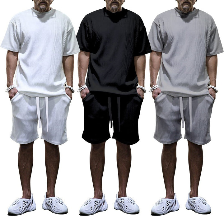 Herren nan lässiges Waffeljersey-Set mit weitem Oberteil und Tunnelzug-Shorts Drune