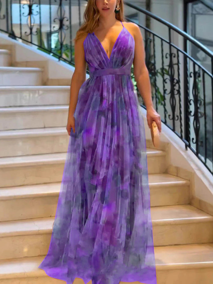 Damen Maxikleid mit tiefem V-Ausschnitt und fließendem Chiffon Drune