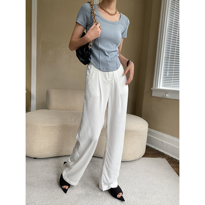 Damen figurbetontes Ripp-T-Shirt mit Rundhalsausschnitt Drune