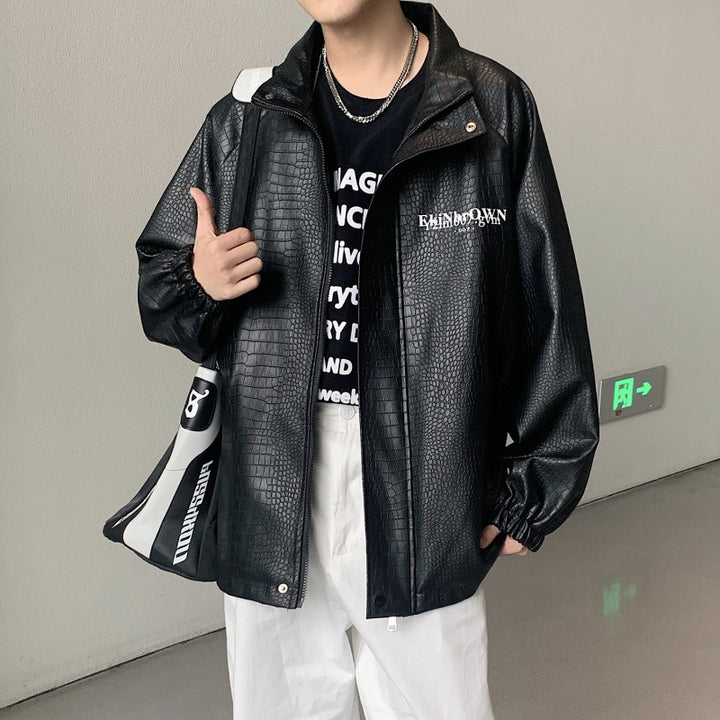 Herren Oversized Kunstlederjacke mit Krokodilprägung und Rückenlogo Drune