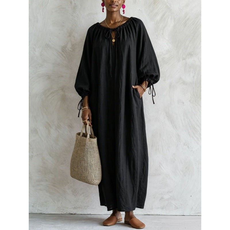 Damen Luftiges Leinenoptik-Maxikleid mit Kordelkragen, Ballonärmeln und Eingrifftaschen Drune