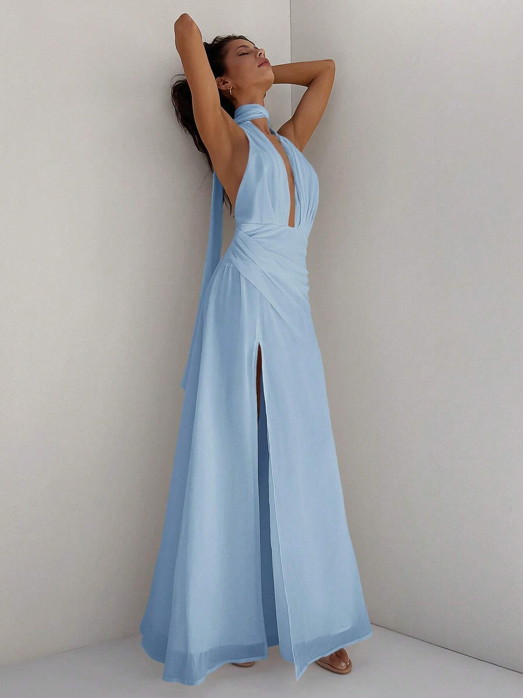Damen Maxi-Kleid mit tiefem V-Ausschnitt und Wickeldesign Drune