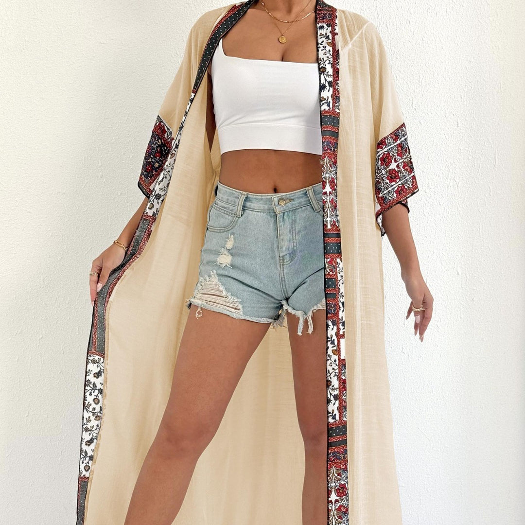 Damen eleganter, leichter Kaftan mit buntem Häkelbesatz Drune