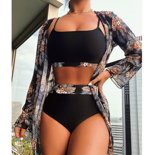 Damen Bikiniset mit floralem Kimono und modischen Details Drune