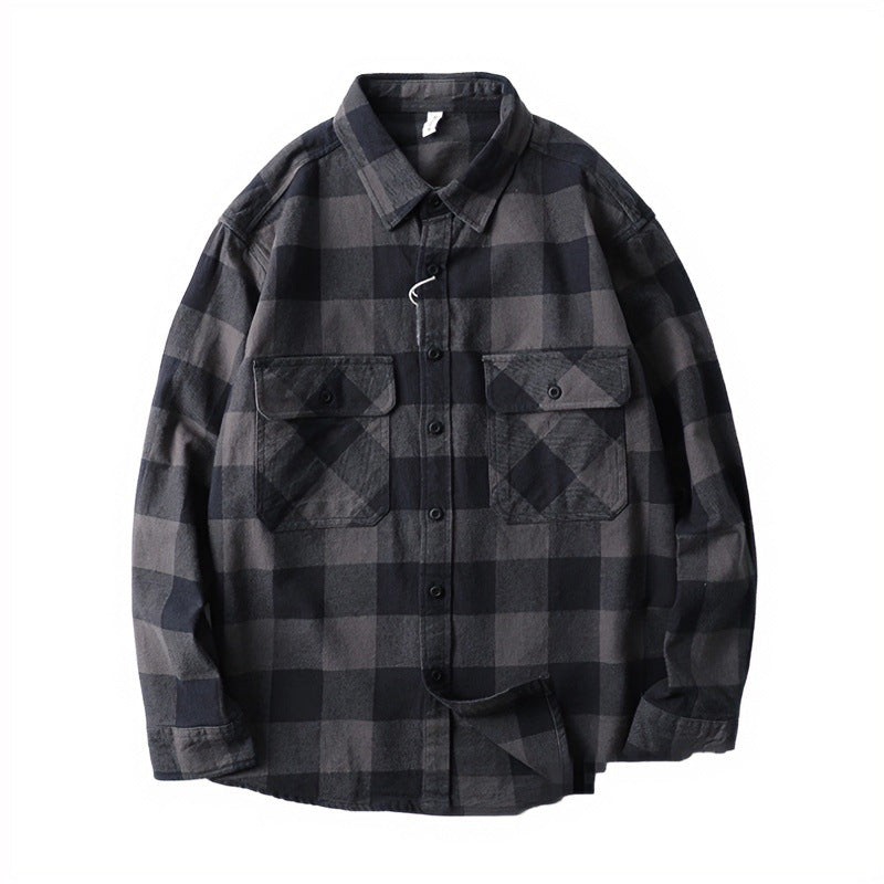 Herren Oversize Kariertes Flanell-Hemdjacke mit aufgesetzten Pattentaschen Drune