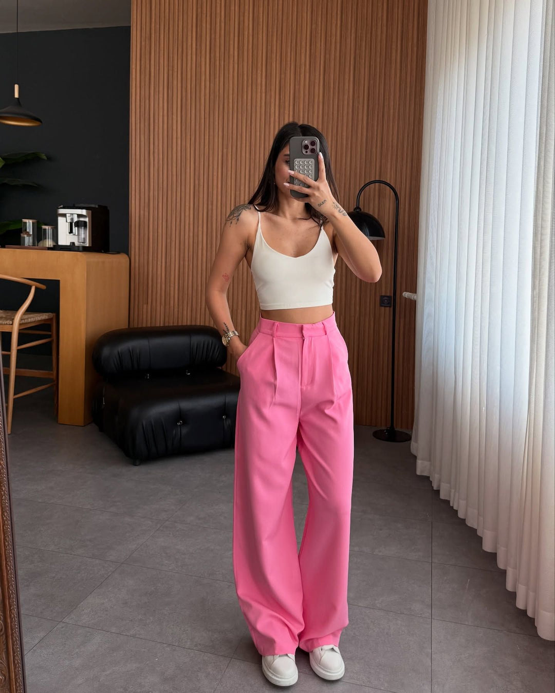 Damen hochgeschnittene Stoffhose mit geradem Bein Drune