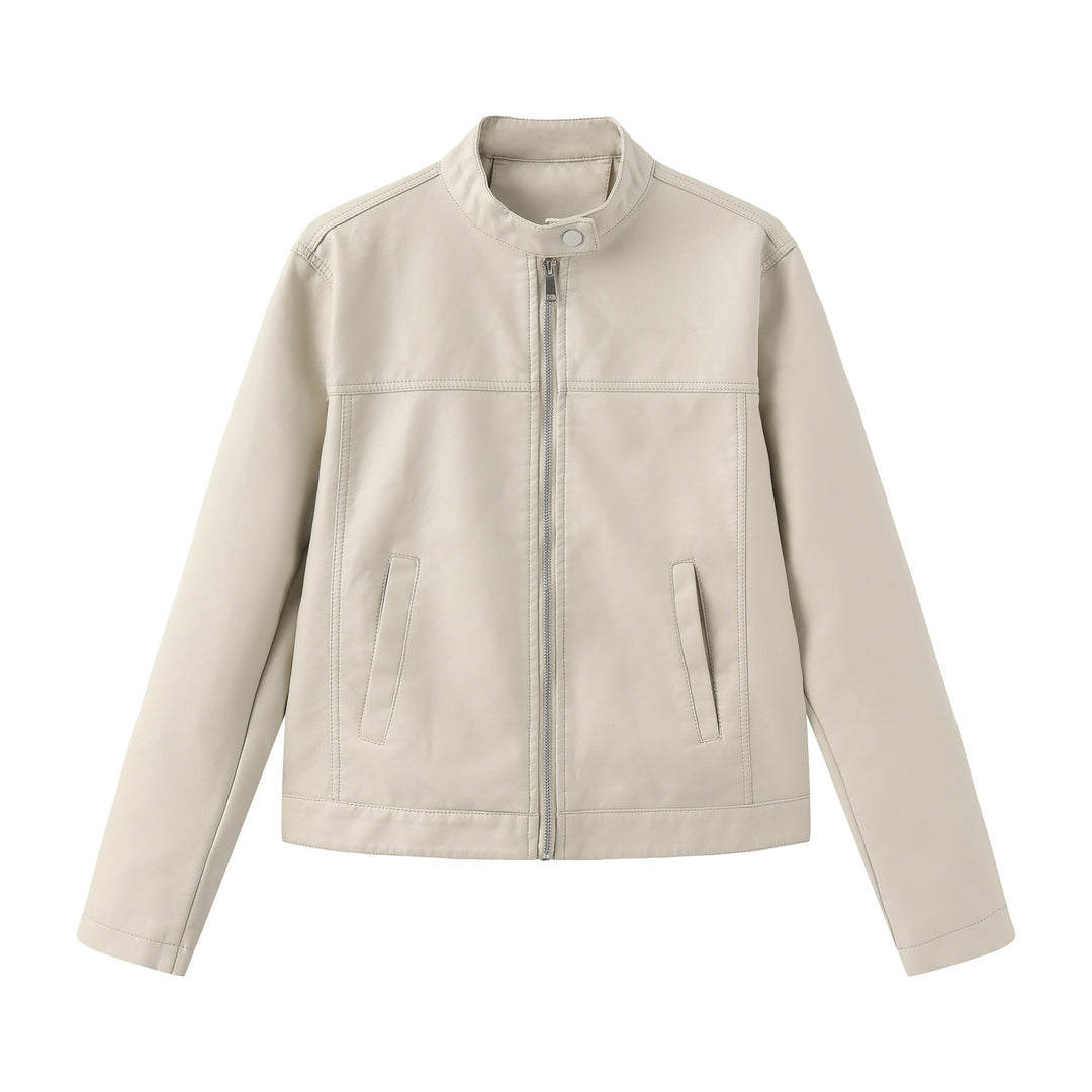 Herren nan minimalistische Kunstlederjacke mit Stehkragen, Metallreißverschluss und eingearbeiteten Seitentaschen Drune
