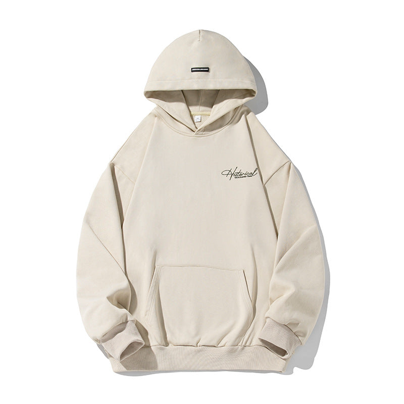 Unisex Komfort-Kapuzenpullover mit verlängertem Rückenteil, Raglanärmeln und Script-Stickerei Drune