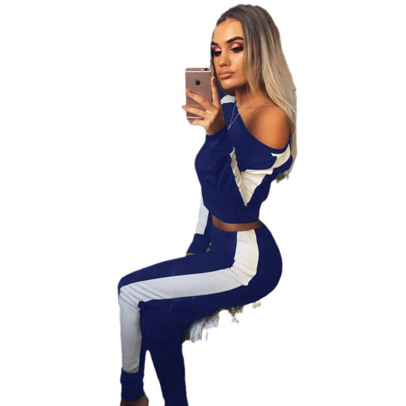 Damen Sportanzug mit modischem Off-Shoulder Sweatshirt und enganliegenden Leggings Drune