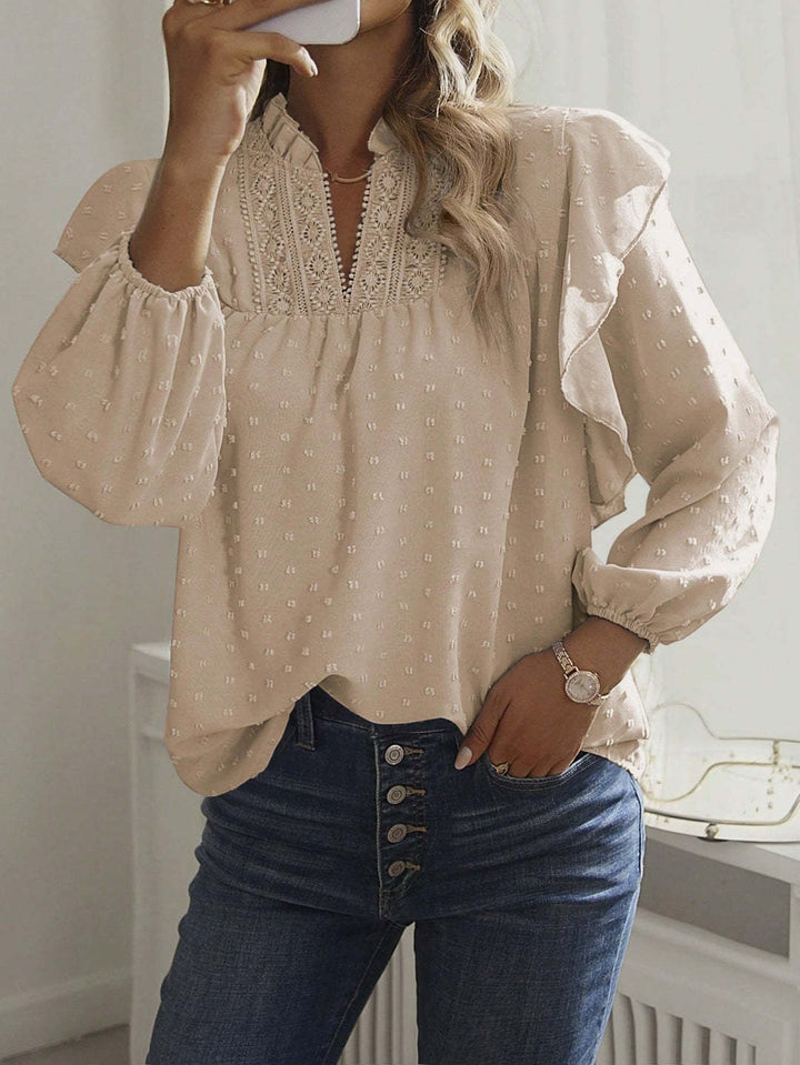 Damen Viskose-Bluse mit Spitzenstickerei und Volantärmeln Drune