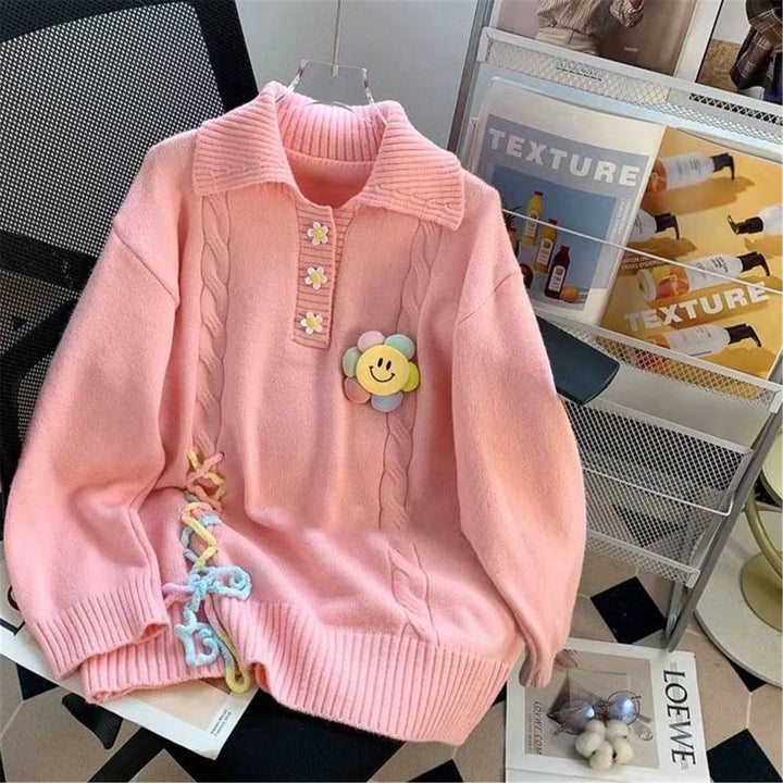 Damen Grobstrickpullover mit farbenfrohen Applikationen und rippstrukturiertem Kragen Drune