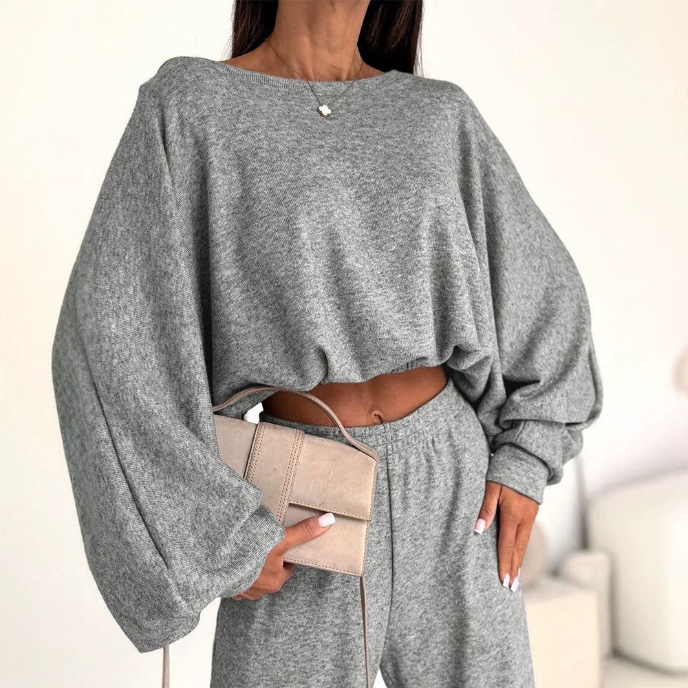 Damen Lässiges Strick-Lounge-Set mit Fledermausärmeln und High-Waist-Joggpants Drune