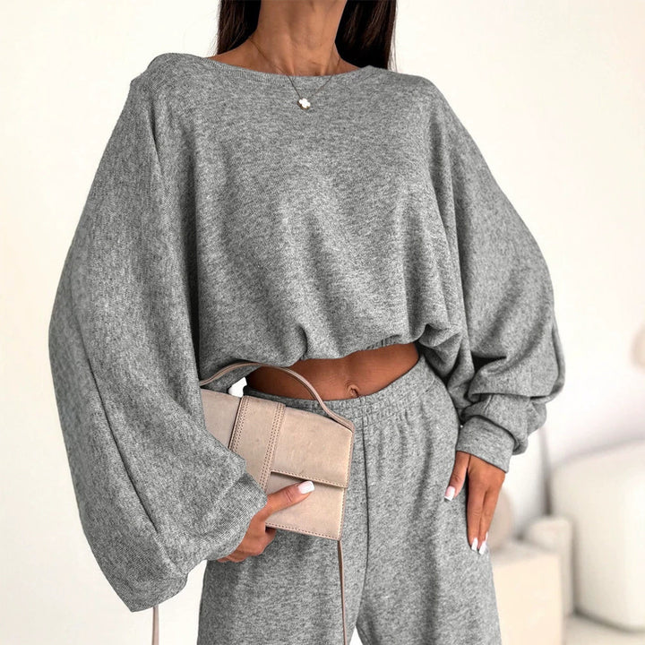 Damen Lässiges Strick-Lounge-Set mit Fledermausärmeln und High-Waist-Joggpants Drune