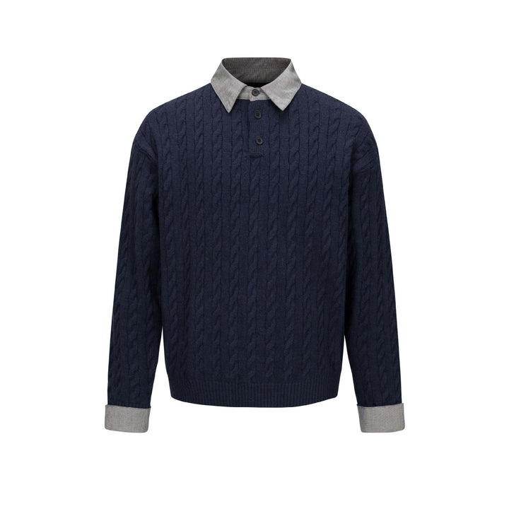 Herren Strukturierter Strickpullover mit integriertem Hemdkragen und Dreiknopf‑Leiste Drune