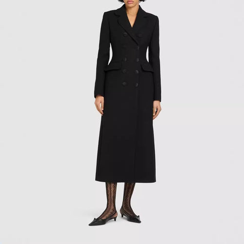 Damen Doppelreihiges tailliertes Blazerkleid mit Maxi‑Länge und Pattentaschen Drune