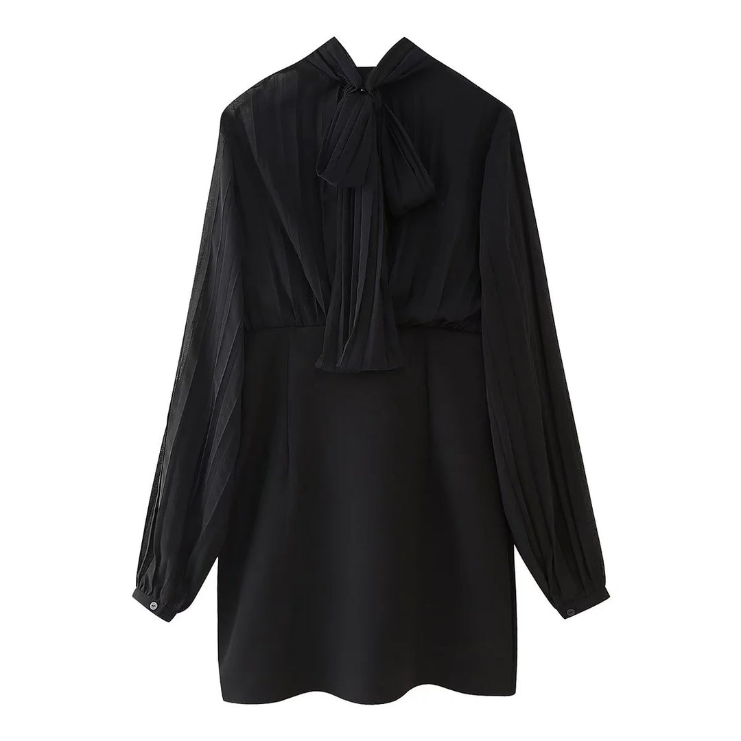 Damen nan Chiffon-Minikleid mit Schleifenkragen, plissierten Langärmeln und tailliertem Rock Drune