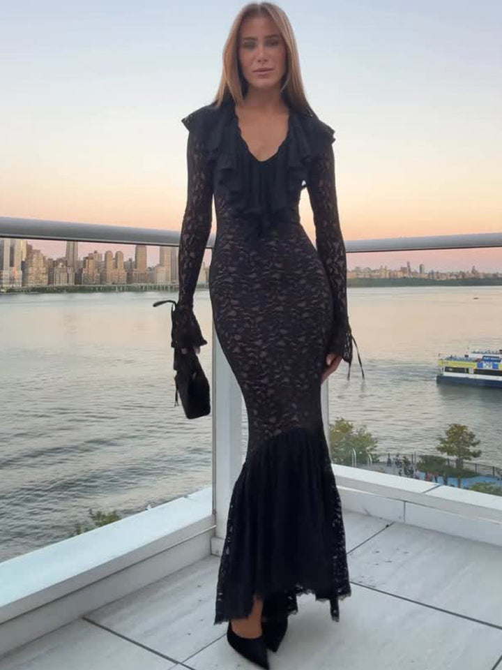 Damen Figurbetontes Spitzen‑Maxikleid mit Rüschenkragen und Glockensaum Drune