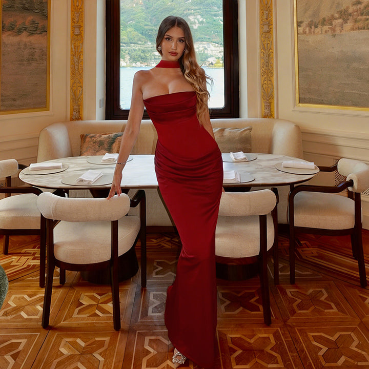 Damen elegantes Maxikleid mit raffiniertem Wasserfallausschnitt und figurbetontem Schnitt Drune
