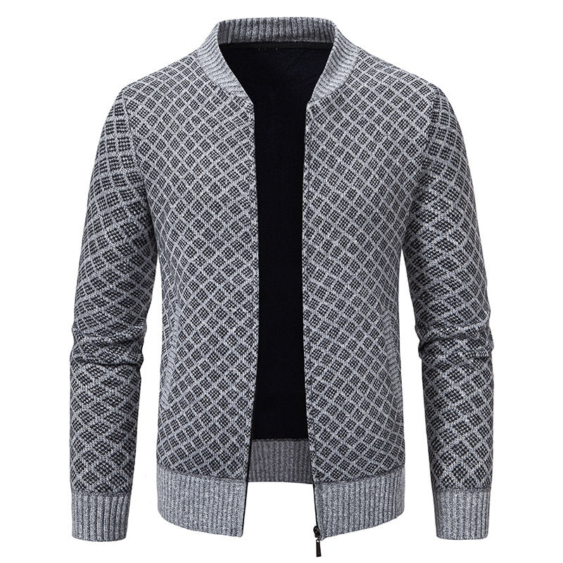 Herren Taillierter Jacquard-Zip-Cardigan mit Diamantstruktur und Eingrifftaschen Drune