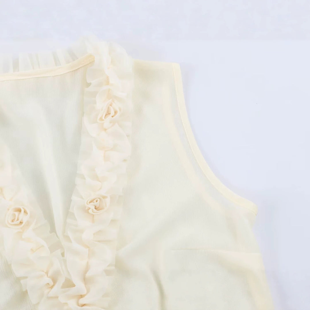 Damen Ärmellose Bluse mit tiefem V-Ausschnitt, Volantrüschen und Zierrosen Drune