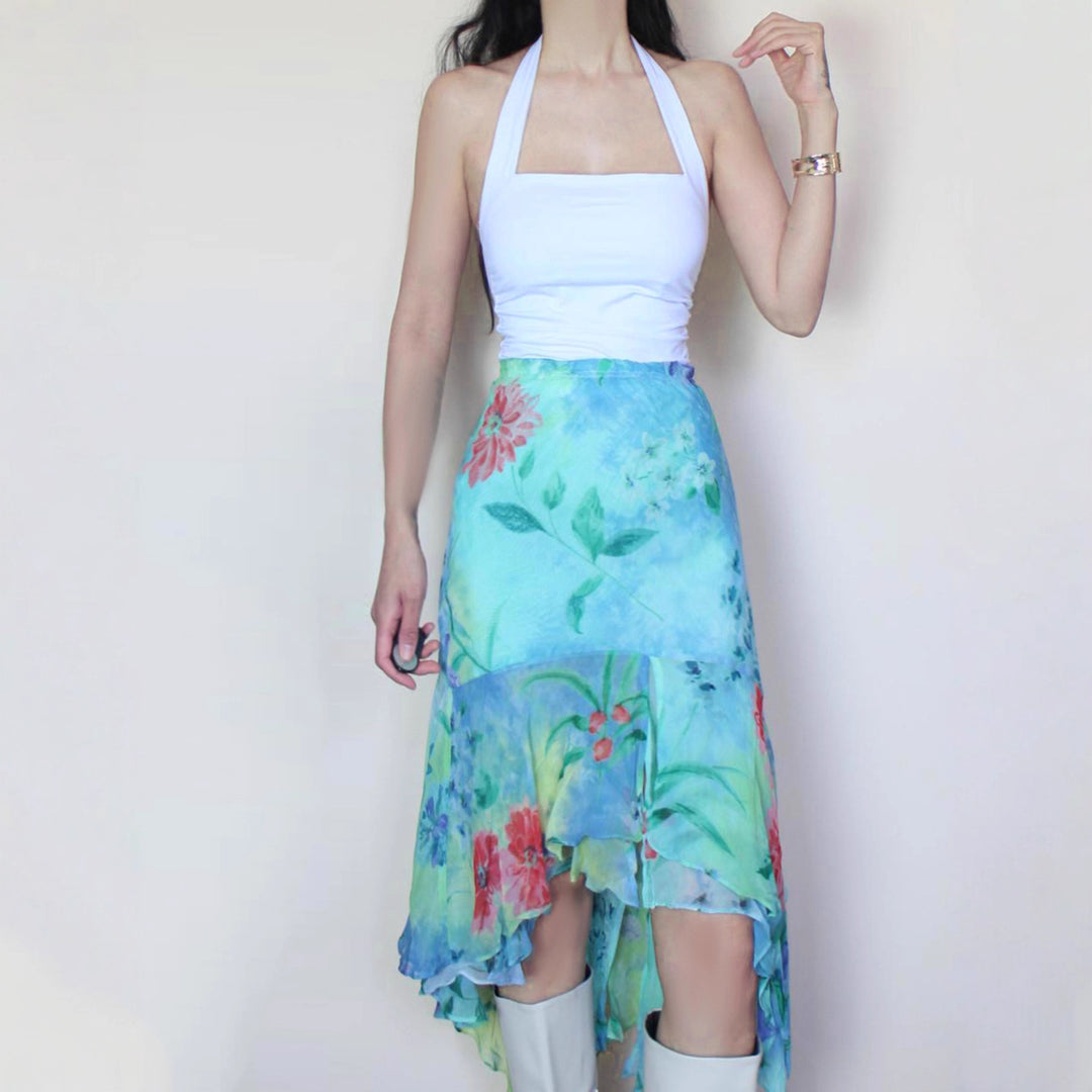 Damen Wickelrock mit floralem Design und voluminösem Rüschenabschluss Drune
