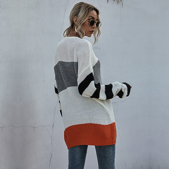Damen Oversize-Feinstrickpullover im Blockdesign mit Off-Shoulder, gestreiften Ärmeln und geripptem Saum Drune