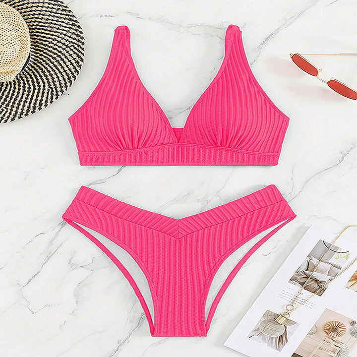 Damen Triangel-Bikini-Set mit hoch geschnittenem Slip und strukturiertem Oberteil Drune