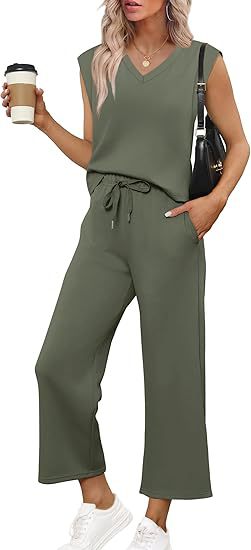 Damen Lässiges Zweiteiliges Lounge-Set mit Ärmellosem V-Neck-Top und Weiten Kordelbund-Hosen Drune