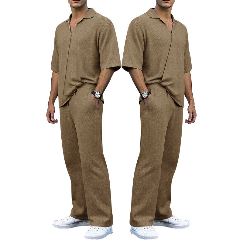 Herren nan feinstrukturierter Zweiteiler mit offenem Polokragen Kurzarmshirt und gerader Komfortbundhose Drune