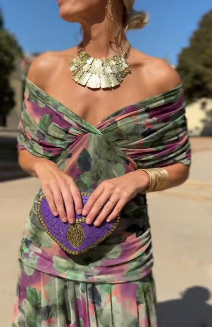 Damen nan elegantes bodenlanges Abendkleid mit drapierter Schulterpartie und luftiger Chiffon-Rock Drune