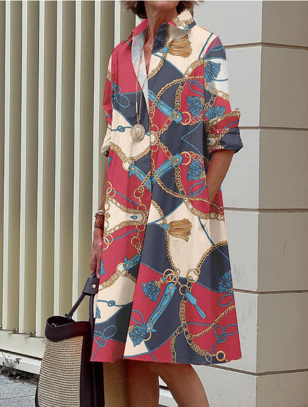 Damen Lockeres Hemdblusenkleid aus Satinoptik mit barockem Ketten‑Print und 3/4‑Ärmeln Drune