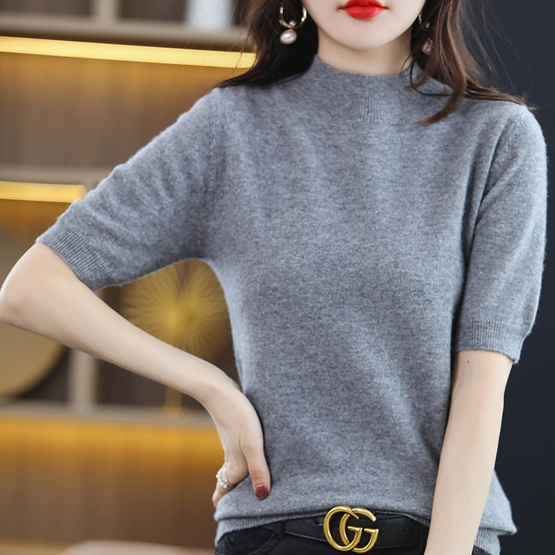 Damen Kurzärmeliger Feinstrick-Pullover mit halbem Rollkragen Drune